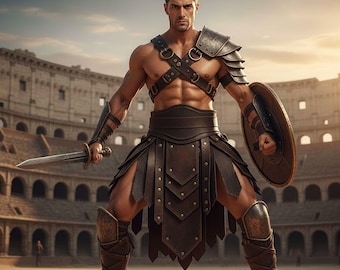 Men's Roman Gladiator Leather Armor Costume | Handmade Leather Kilt with Chest Harness | LARP Cosplay