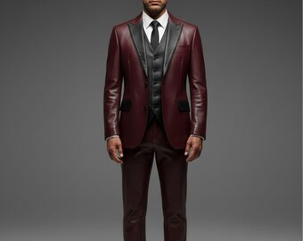 Abito in pelle bordeaux 3 pezzi / Abito bicolore con risvolto nero
