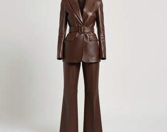 Handmade Brown Leather Pantsuit : Women's Tailored Blazer and Wide Leg Pants