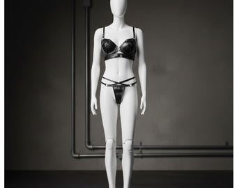 Conjunto de lencería con tiras de cuero auténtico negro hecho a mano / Bralette y braguita de cuero ajustables