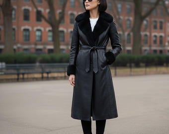 Urban Winter Elegance: Long Black Leather Coat | Faux Fur Trimmed