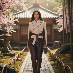 Handmade Two-Toned Beige & Brown Leather Jacket : Wide Leg Essential Trousers