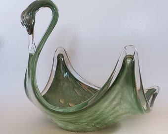 1960s Italian Swan Art Glass...Stretch Glass..Blue /& White Swirl Small Swan Art Glass