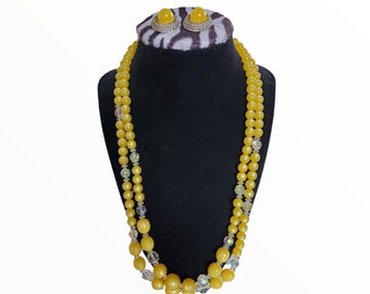 Vintage Demi Parure 2 Strand Yellow Moonglow & AB Lucite Beads Necklace with Clip on Earrings Collectible I Love Lucy Fashion Jewelry Gift