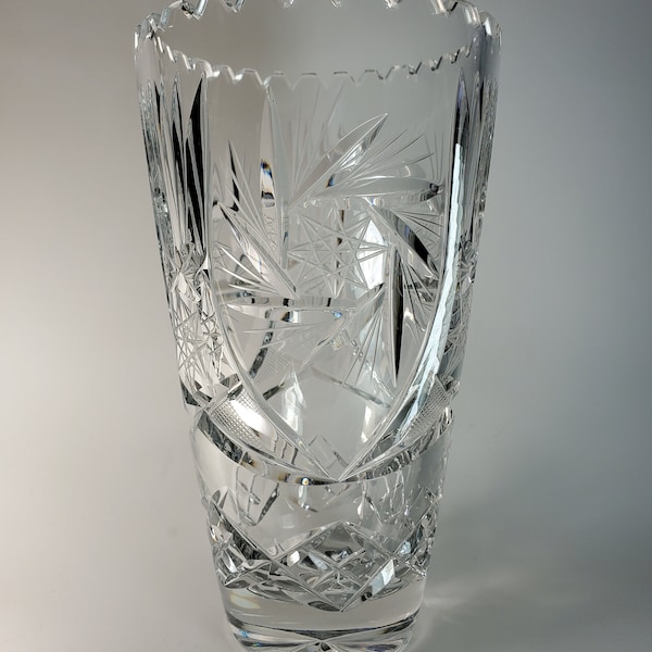 Vintage Bohemian Cut Crystal Pinwheel Star Of David Crosshatching Sawtooth Vase Gifts Thanksgiving Table Decor Christmas Centerpiece Decor