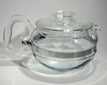 Vintage Pyrex 6 cup Flameware Tea Pot Blue Tint Glass