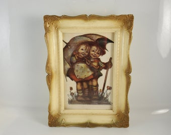 Goebel Hummel Print 4-1/2" x 3-5/16" Erlo Plastic Ges Gesch German Frame Boy and Girl Rain Umbrella Nursery Baby Gift Celluloid FrameShower