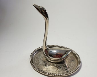 Vintage Silverplate Long Neck Swan Ring Holder Jewelry Storage Embossed Floral Silverplate Trinket Tray