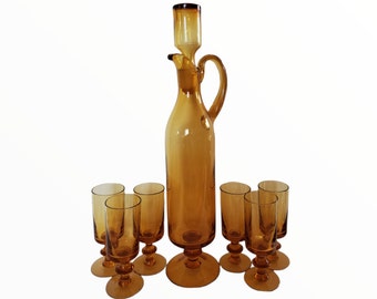 Vintage Tall Empoli Honey Amber Glass Footed Handled Decanter Pitcher Style with 6 Glasses Collectible Retro Thanksgiving Barware Sets Gifts