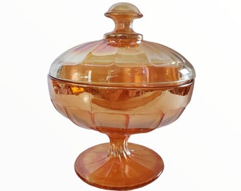 Vintage Imperial Glass Marigold Iridescent Carnival Glass Paneled Pedestal Lidded Candy Dish Collectible Orange Thanksgiving Snack Bowl Gift
