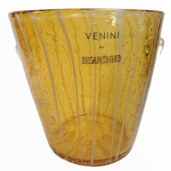 Vintage Murano Venini for Disaronno Blown Amber & White Stripe Art Glass Ice Bucket Christmas Entertaining Italian Venetian Party Barware