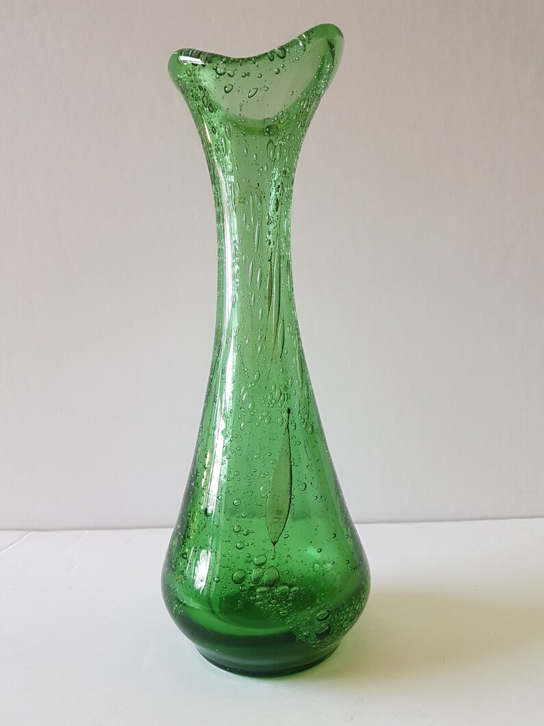 Vintage Green Swung Vase Art Glass With Bubble Detail Hand Etsy