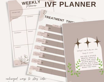 May include: A digital IVF planner set with a weekly planner, treatment timeline, and a page with inspirational text. The planners are in shades of beige and brown with floral accents and text that reads "unhinged ways to stay calm when trying to conceive."