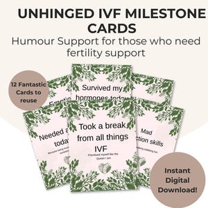 May include: A collection of IVF milestone cards with humorous phrases, including "Survived my hormones today" and "Took a break from all things IVF." The cards have a floral border and are designed for fertility support.