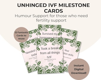 May include: A collection of IVF milestone cards with humorous phrases, including "Survived my hormones today" and "Took a break from all things IVF." The cards have a floral border and are designed for fertility support.