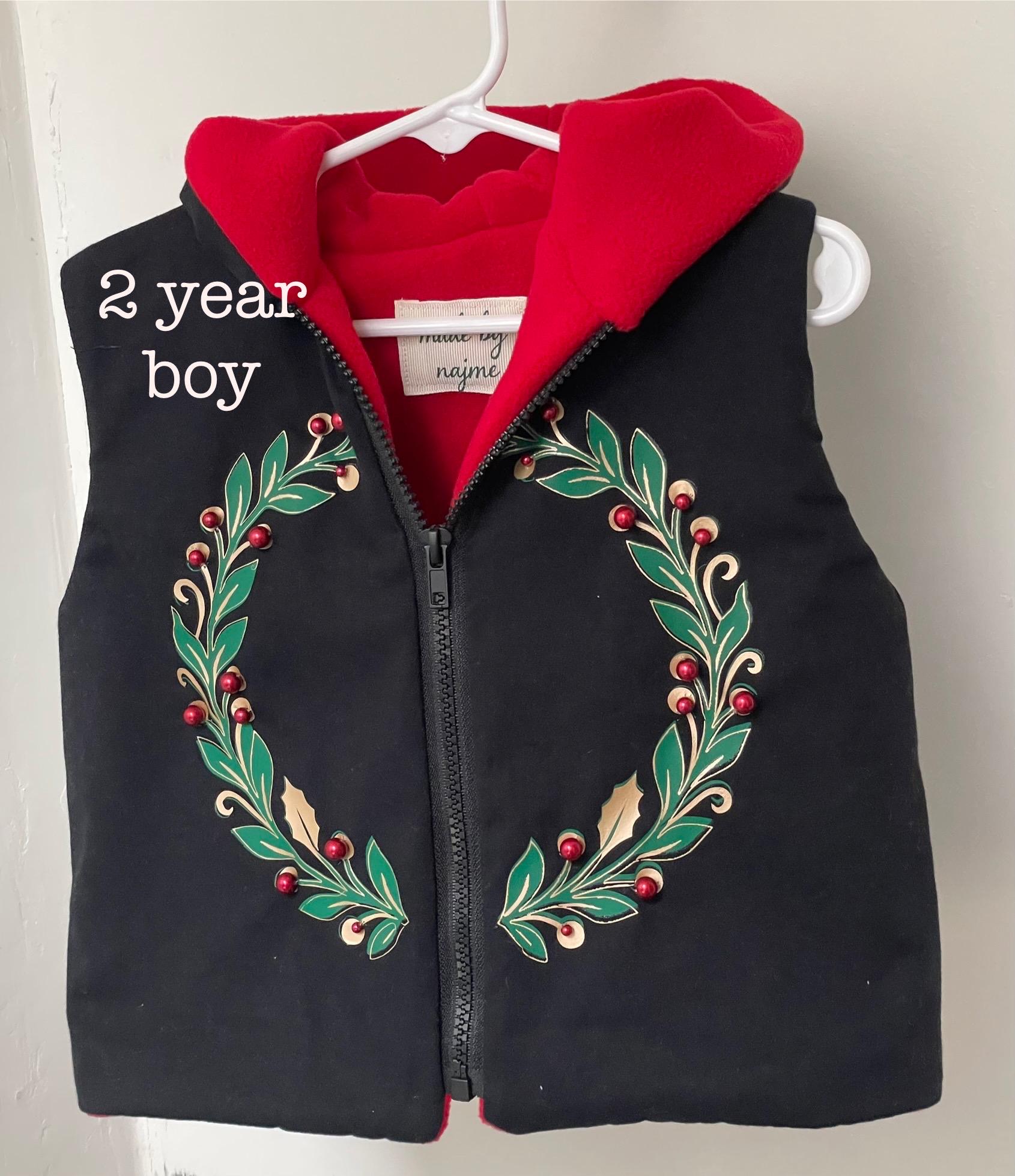 Handmade Holiday Toddler Vest Beaded Wreath, Fleece-Lined (2 Year boy)