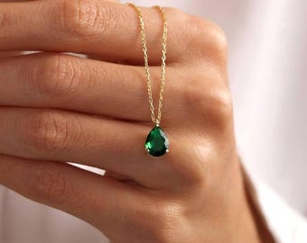 Green Teardrop Necklace, 14K Gold Plated, Dainty Gold Jewelry, Gift For Her