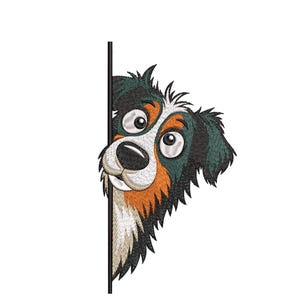 May include: An embroidered design of a tricolor dog peeking from behind a vertical black line. The dog has black, brown, and white fur, large eyes, and a black nose. Below the graphic, the text reads: CND, DST, EXP, HUS, JEF, VP3, XXX, PES.