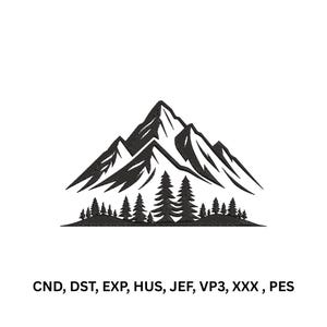 May include: A black embroidered mountain range design featuring jagged peaks and a dense forest of pine trees at the base. Below the graphic, the text reads CND, DST, EXP, HUS, JEF, VP3, XXX, PES, indicating various digital embroidery file formats.