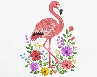 Tropical Pink Flamingo Floral Machine Embroidery Design Summer Botanical Bird Digital Pattern