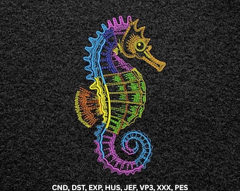 Neon Colorful Seahorse Machine Embroidery Design, Ocean Line Art Digital Pattern