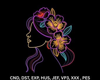 Neon Elegant Woman Floral Line Art Machine Embroidery Design Colorful Digital Pattern