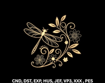 Elegante Gold Libelle Blumen Maschinenstickerei Linie Kunst Digitales Muster