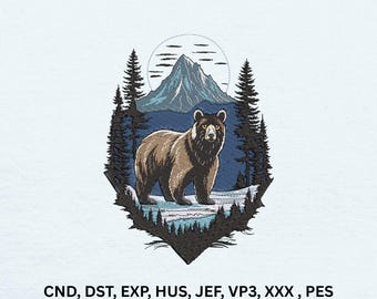 Diseño de bordado a máquina de paisaje de bosque con oso de montaña, patrón digital de naturaleza.