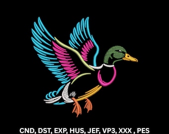 Neon fliegende Stockente Ente, Maschinenstickerei, farbenfroher Vogel Line Art, digitales Muster