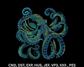 Neon Octopus Machine Embroidery Design Sea Creature Line Art Digital Pattern
