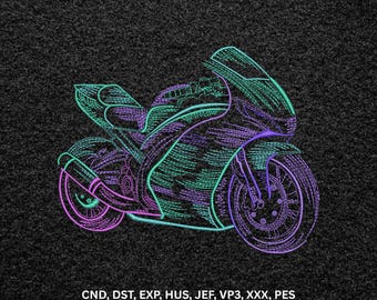 Neon Sports Bike Machine Embroidery Design, Line Art Motorcycle Digital Pattern