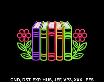 Neon Book Row Floral Machine Embroidery Design Colorful Line Art Digital Pattern