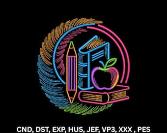 Neon School Books Apple Pencil Machine Embroidery Design Education Line Art Digital Pattern