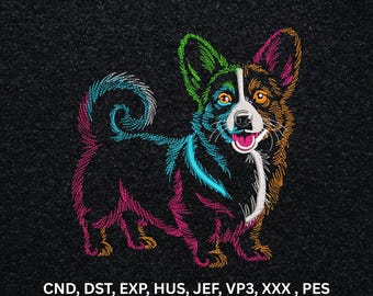Neon Bunter Corgis Hund Maschinenstickerei, Line Art Haustier-Digital-Muster