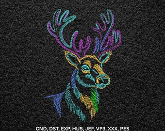Neon Colorful Buck Deer Head Machine Embroidery Design, Line Art Animal Pattern