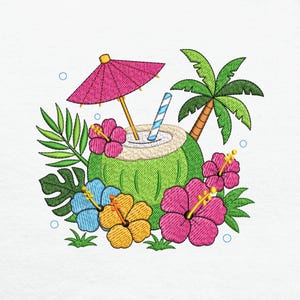 Tropikalny wzór haftu na maszynie do napojów kokosowych Letnia plaża Luau Hibiskus Palma Cyfrowy wzór