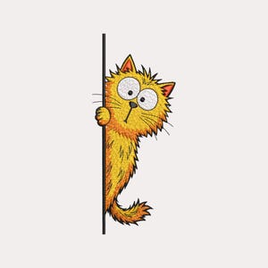 May include: An embroidered design of a fluffy orange cat with wide, surprised eyes and a small black nose, peeking out from behind a vertical black line. The cat has textured fur, pointed ears, and a long tail, rendered in vibrant orange thread.
