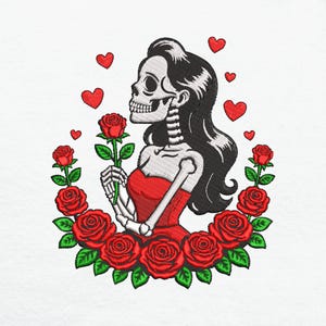 Gothic Skeleton Lady Red Roses Machine Embroidery Design Day of the Dead Dark Romance Valentine Digital Pattern
