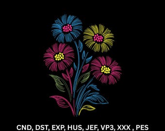 Neon Bunter Blumenstrauß Maschinen Stickerei Design Line Art Blumen Digitales Muster
