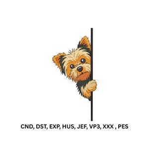 May include: An embroidery design featuring a Yorkshire Terrier peeking from behind a vertical black line. The dog has tan and black fur, dark eyes, and a small black nose. Below the graphic, the text reads: CND, DST, EXP, HUS, JEF, VP3, XXX, PES.