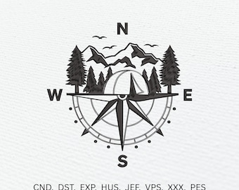 Mountains Camping Compass Machine Embroidery Design - Digital Download (PES File)