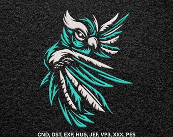 Abstract Teal Owl Machine Embroidery Design, Stylized Bird Digital Pattern