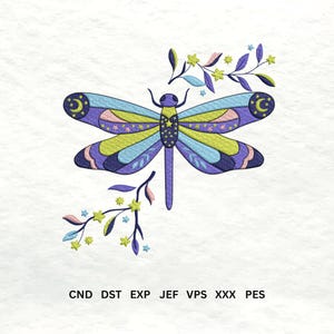 May include: Embroidered dragonfly design in shades of purple, blue, yellow, and pink. The dragonfly has detailed wings and is surrounded by floral accents. The image includes the text "CND DST EXP JEF VPS XXX PES".