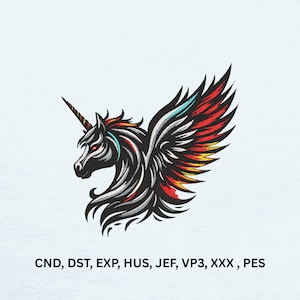 May include: An embroidered graphic of a winged unicorn with a black, white, and red color scheme, featuring a sharp horn and stylized feathers. Below the unicorn, the text reads CND, DST, EXP, HUS, JEF, VP3, XXX, PES in black capital letters.
