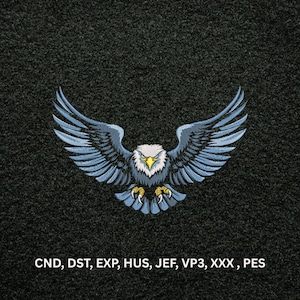 May include: An embroidered design of a bald eagle with wings spread wide, featuring blue and white feathers, a yellow beak, and yellow talons. Below the eagle, the text reads: CND, DST, EXP, HUS, JEF, VP3, XXX, PES, set against a dark background.