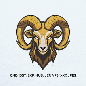 May include: An embroidered ram head design featuring large curved golden horns, a white snout, and dark brown fur accents. Below the ram head, the text reads CND, DST, EXP, HUS, JEF, VP3, XXX, PES, representing various digital embroidery file formats.