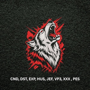 Fierce Howling Wolf Machine Embroidery Design, Aggressive Red Splatter Tribal Digital Pattern