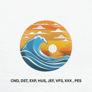 May include: Embroidered patch featuring a stylized ocean wave with a setting sun and clouds, set within a circular frame. The design uses shades of blue, orange, and white. The text "CND, DST, EXP, HUS, JEF, VP3, XXX, PES" is at the bottom.