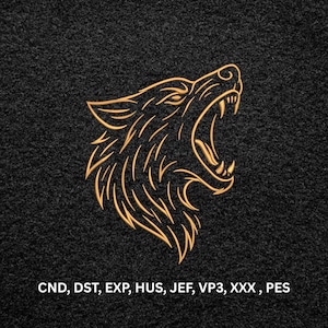 May include: Gold embroidered wolf head design with open mouth and sharp teeth on a black textured background. The design includes the text "CND, DST, EXP, HUS, JEF, VP3, XXX, PES". This design is suitable for embroidery projects.
