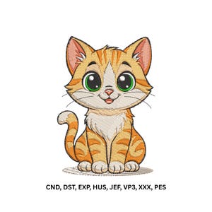 May include: An embroidery design of a cartoon orange tabby kitten with large green eyes, white chest fur, and pointed ears. The kitten is sitting with its tail curled up. Below the kitten, the text reads: CND, DST, EXP, HUS, JEF, VP3, XXX, PES.
